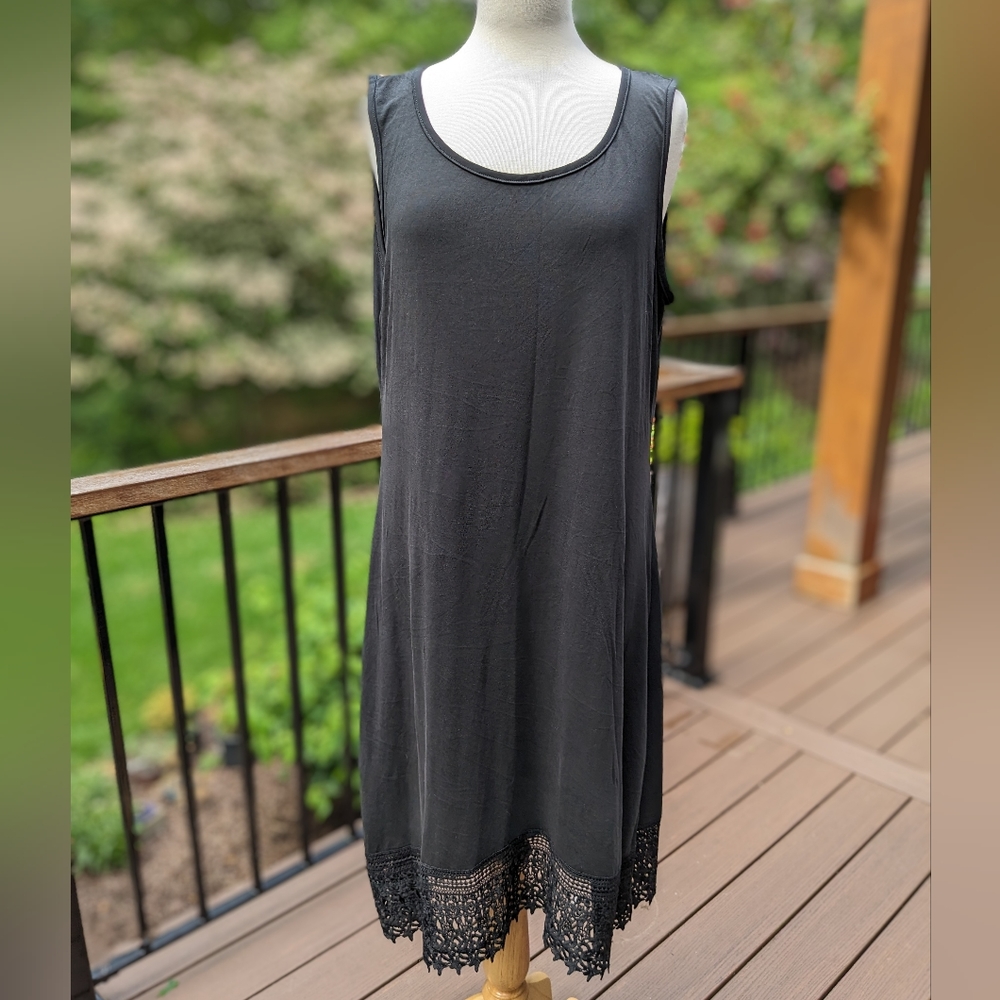 Nina Leonard Crochet Hem Midi Dress Black Large